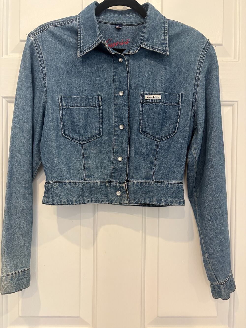 Vtg 90s Guess Jeans Cropped Denim Shirt Jacket Top Medium 6-10 Wash Button Up